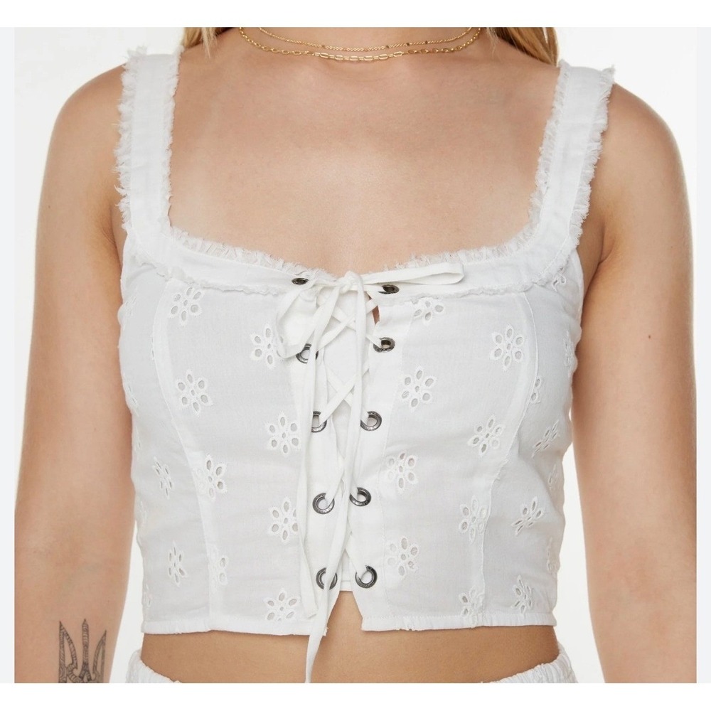Roxy Crop Top Lace Up Eyelet White Linen Blend Boho NWT XXL
